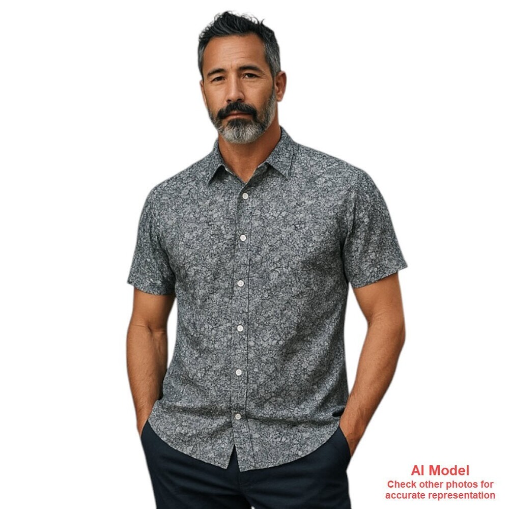 Simons Le31 Short Sleeve Shirt Cotton Button Up Paisley B&W with some Aqua Large